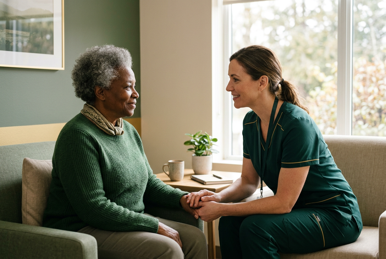 A healthcare professional sharing a caring moment with a patient